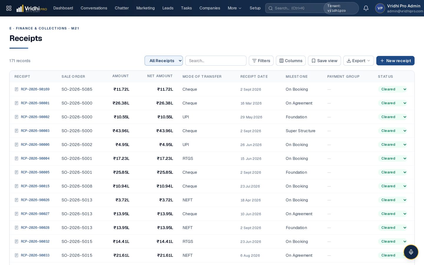 Receipts and collections in Vridhi Pro